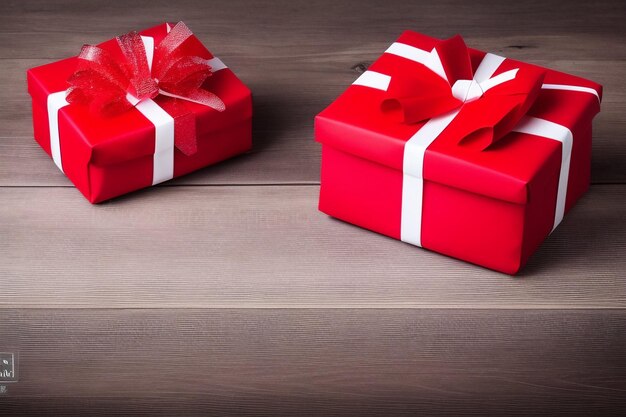 Duas caixas de presente vermelhas com um laço de fita na parte superior e uma com os dizeres "Natal" na parte superior