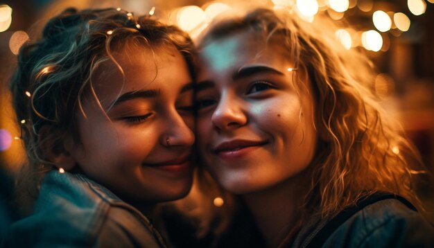 Duas garotas alegres se abraçando aproveitando a noite de inverno gerada pela IA