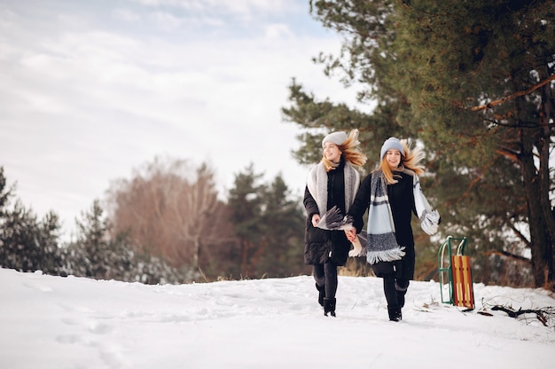 Duas garotas bonitas em um parque de inverno