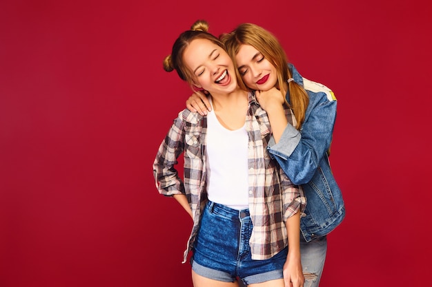 Duas jovens bonitas loiras sorrindo hipster mulheres posando em roupas de camisa quadriculada na moda verão