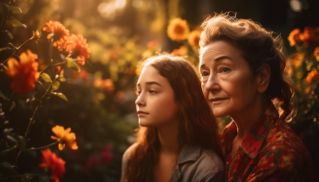 Duas jovens sorrindo se unindo na natureza gerada por IA