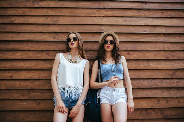 Duas lindas garotas posam em frente a uma parede de madeira