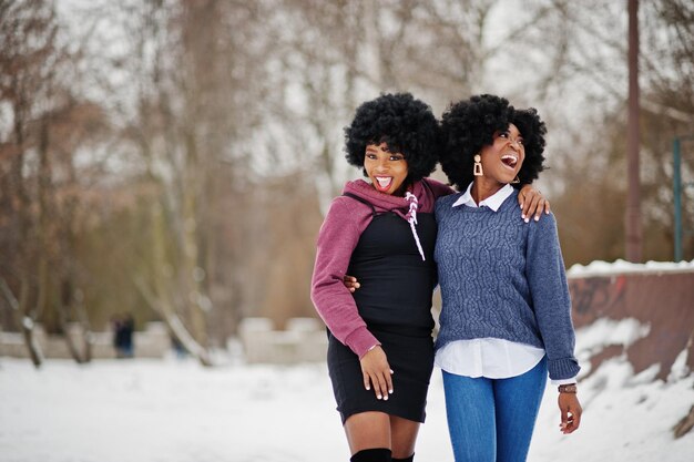 Duas mulheres afro-americanas de cabelo encaracolado usam suéteres posados no dia de inverno