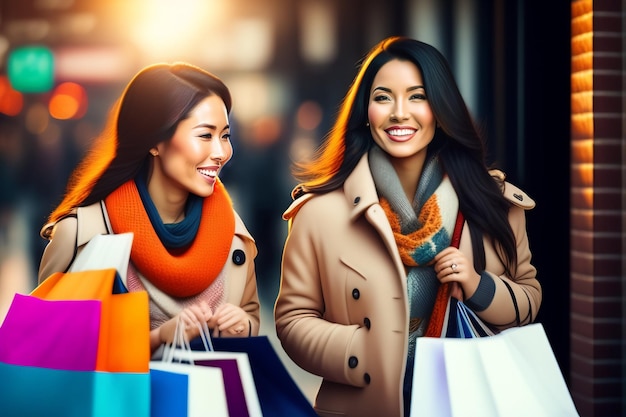 Foto grátis duas mulheres carregando sacolas de compras em uma rua da cidade