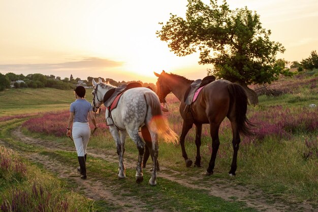 Duas mulheres e dois cavalos ao ar livre no verão feliz pôr do sol junto a natureza