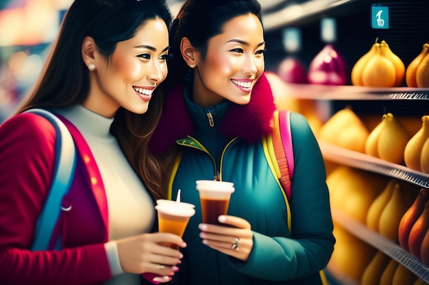 Duas mulheres estão segurando xícaras e sorrindo em uma pista de boliche.