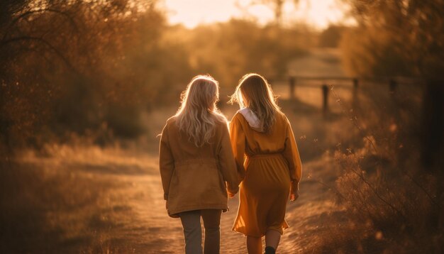 Duas mulheres se abraçando na natureza sorrindo alegremente geradas pela IA