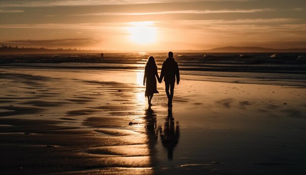 Duas pessoas andando na areia abraçando o amor gerado pela IA