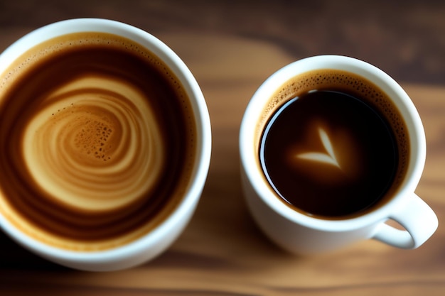 Duas xícaras de café expresso uma ao lado da outra com um desenho em forma de coração na parte superior.