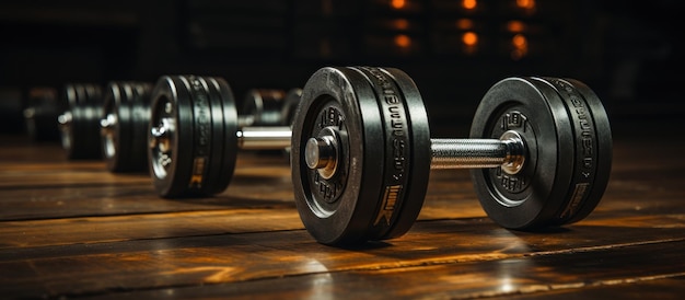 Foto grátis dumbbells colocados contra um fundo escuro no chão