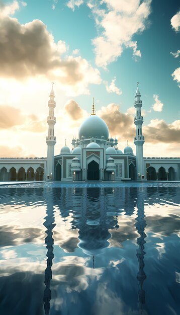 Edifício de mesquita intrincado e arquitetura com paisagem de céu e nuvens