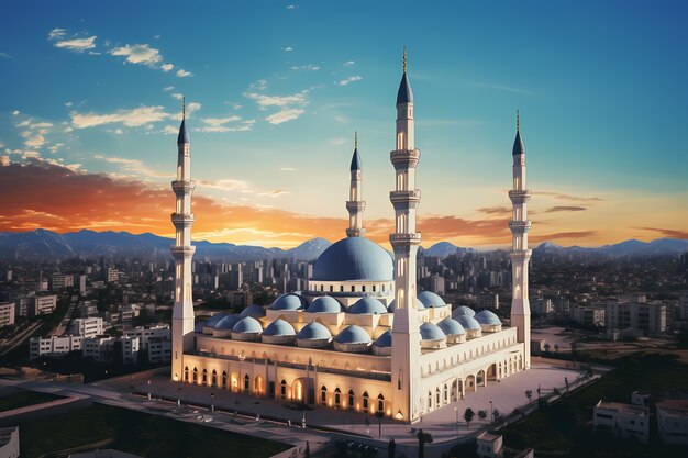 Edifício de mesquita intrincado e arquitetura com paisagem de céu e nuvens