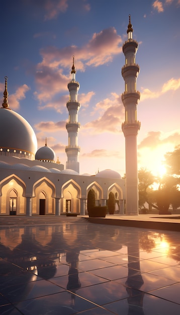 Edifício de mesquita intrincado e arquitetura com paisagem de céu e nuvens