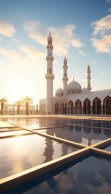 Edifício de mesquita intrincado e arquitetura com paisagem de céu e nuvens