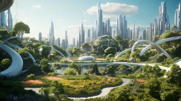 Edifícios futuristas na natureza