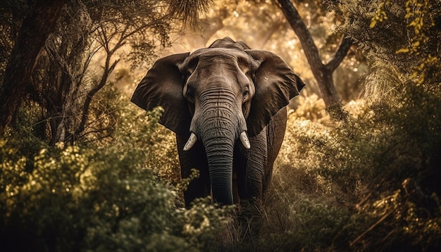 Elefante africano caminhando pela grama tranquila da savana gerada por ia