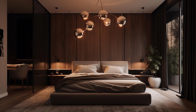 Elegância moderna de suíte de hotel de luxo iluminada naturalmente gerada por IA