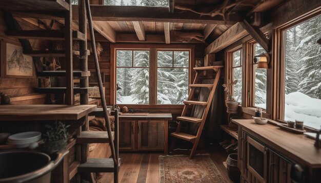 Elegância rústica em uma casa de campo moderna com neve e conforto gerado por IA
