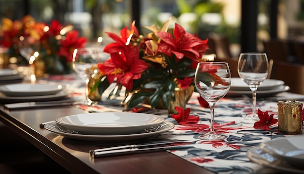 Foto grátis elegante decoração de mesa com pratos de prata e copos de vinho gerados por inteligência artificial