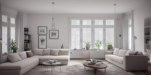 Elegante sala de estar escandinava com móveis de sofá de menta de design simulam plantas de mapa de pôsteres e eleg