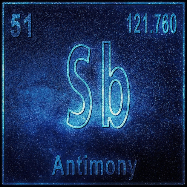 Elemento químico de antimônio, Sinal com número atômico e peso atômico, Elemento de tabela periódica