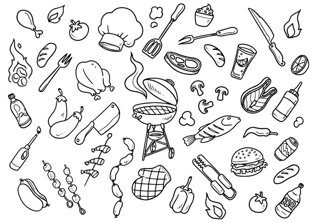 Elementos de churrasco desenhados à mão