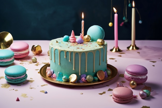 Elementos de ouro para festa de aniversário e bolo