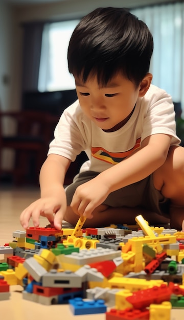 Em close-up, um rapaz a brincar com blocos de construção.