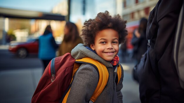 Em close-up, um rapaz a ir para a escola.