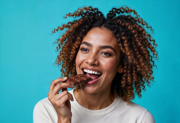 Foto grátis em close-up, uma mulher a comer um delicioso chocolate.