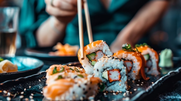 Foto grátis em close-up, uma pessoa a comer sushi.