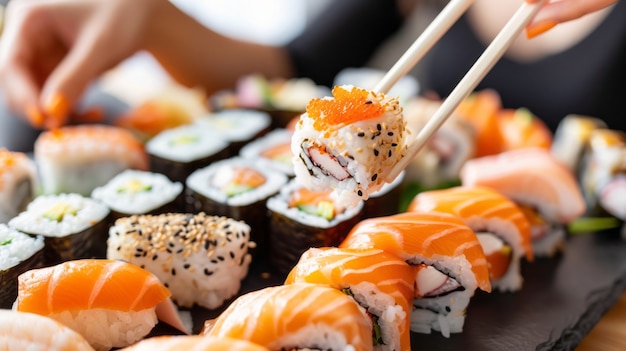 Em close-up, uma pessoa a comer sushi.