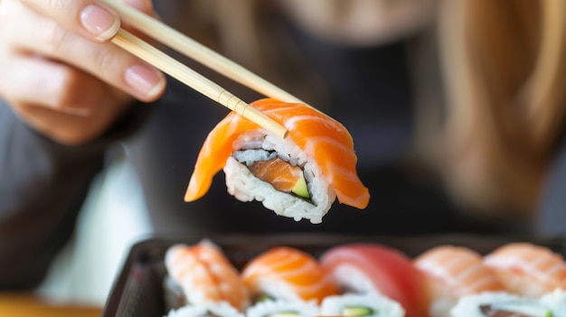 Em close-up, uma pessoa a comer sushi.