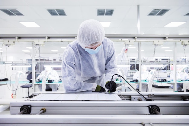 Em foco está um operário em um terno de laboratório branco luvas de látex pretas e máscara facial trabalhando com um ferro de solda outros trabalhadores estão no fundo