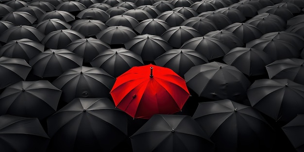 Em meio a uma multidão de guarda-chuvas cinzentos um dossel vermelho brilha como um farol de singularidade