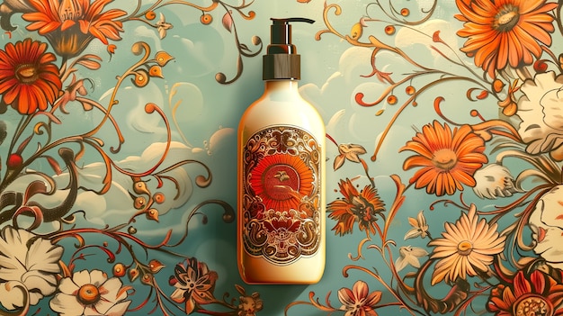 Embalagem de produtos cosméticos com fundo em relevo solar inspirado no art nouveau