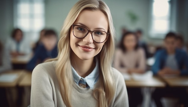 Foto grátis empresária sorridente e colegas de trabalho estudando no escritório gerado por ia