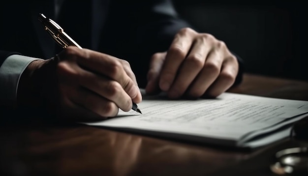 Empresário assinando contrato na mesa com caneta gerada por IA
