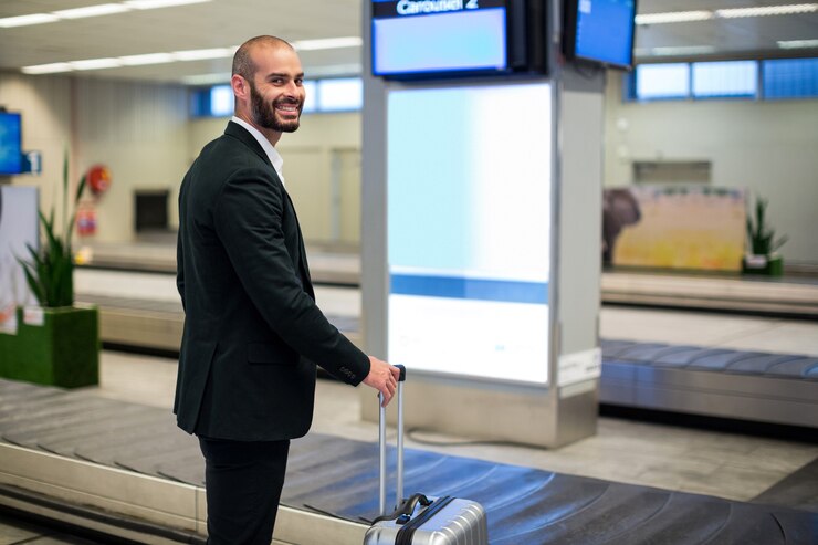 Foto grátis empresário em pé com mala de bagagem no aeroporto