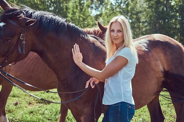 Encantadora loira linda vestindo uma blusa branca e jeans em pé com um cavalo em uma zona rural.