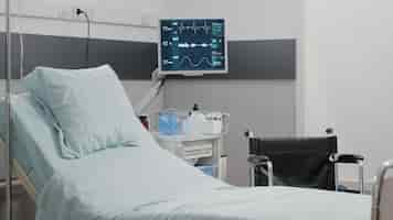 Foto grátis enfermaria de hospital vazia com monitor de frequência cardíaca e cama para cuidados de saúde e recuperação. ninguém na sala de emergência com equipamento médico para paciente de terapia intensiva. sala de reanimação com ferramentas