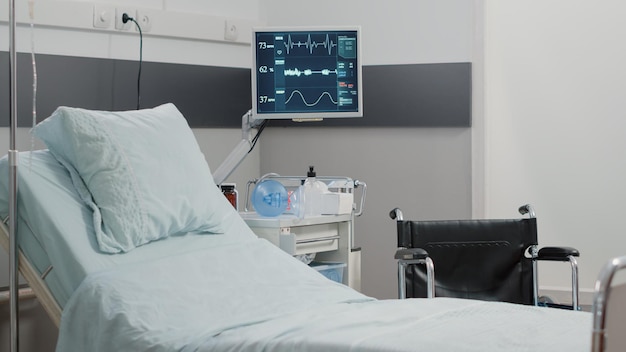 Enfermaria de hospital vazia com monitor de frequência cardíaca e cama para cuidados de saúde e recuperação. Ninguém na sala de emergência com equipamento médico para paciente de terapia intensiva. Sala de reanimação com ferramentas