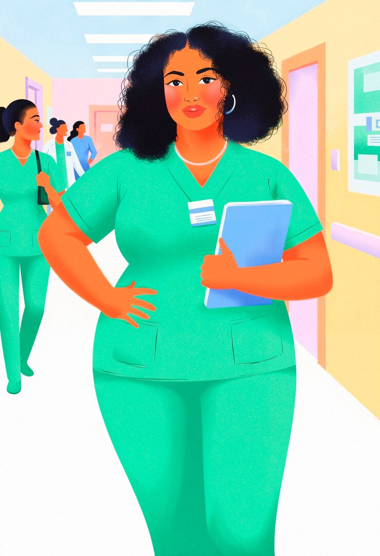 Foto grátis enfermeira de roupão segurando um caderno em um corredor do hospital