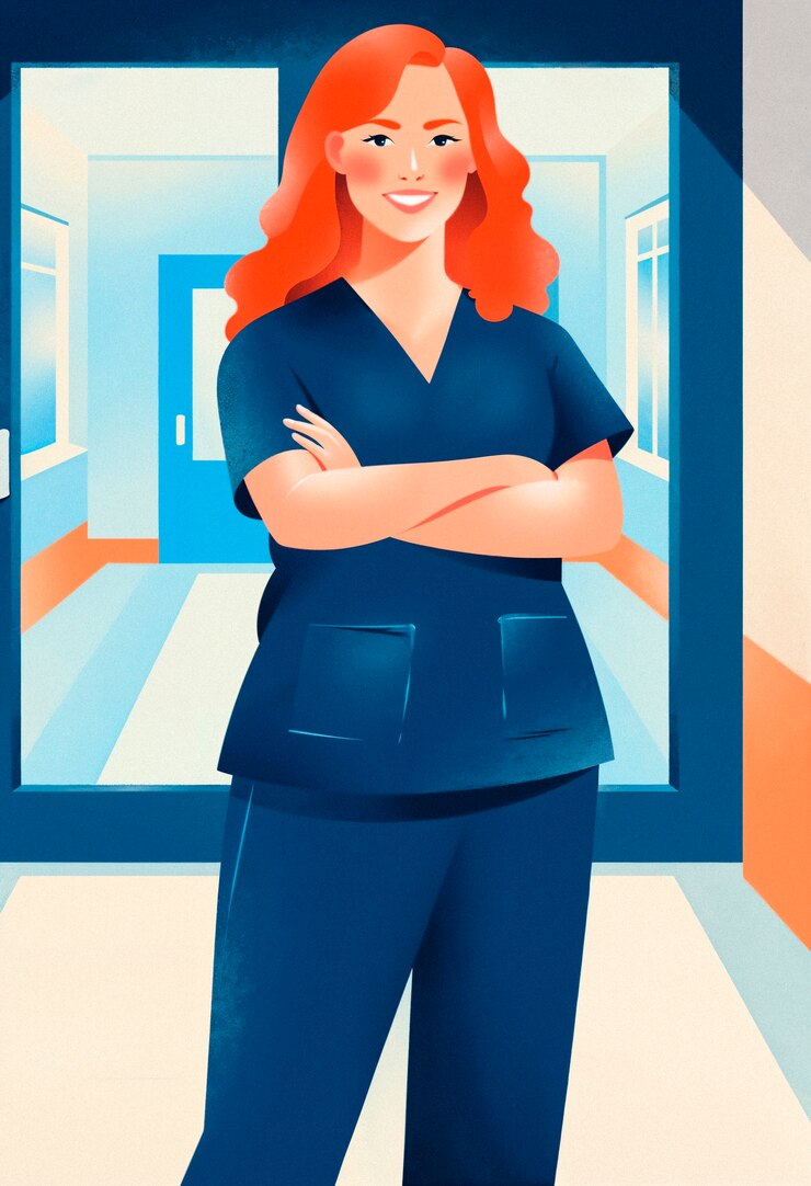 Foto grátis enfermeira sorridente de roupão de pé no corredor de um hospital