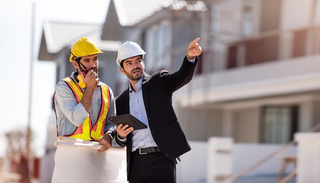 Engenheiro civil e trabalhador de arquitetura de construção estão trabalhando no canteiro de obras com tablet e plantas para planejar sobre o novo canteiro de obrasConceito de trabalho em equipe de cooperação