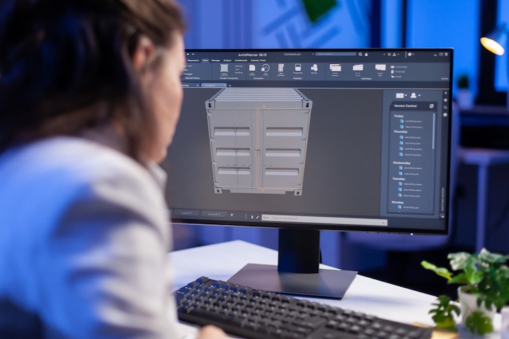Foto grátis engenheiro olhando para o conceito de design de protótipo 3d do software cad de contêiner trabalhando horas extras em uma construtora