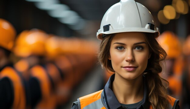 Engenheiro sorridente com capacete confiante olhando para a câmera na fábrica gerada pela inteligência artificial