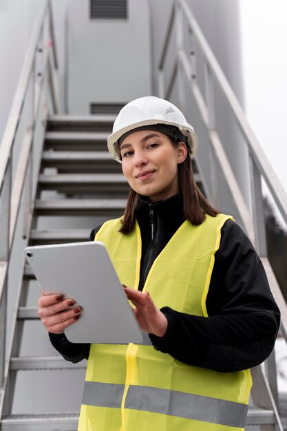 Engenheiro sorridente de tiro médio segurando o tablet