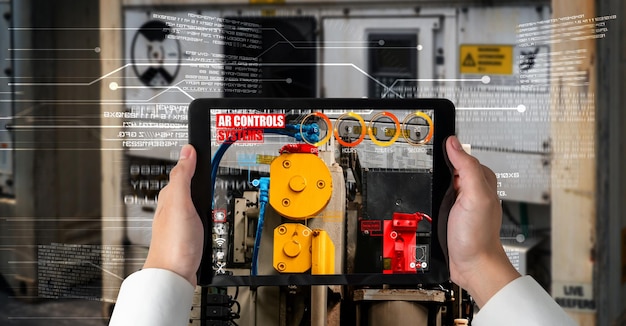 Engenheiro usa software de realidade aumentada na linha de produção de fábrica inteligente