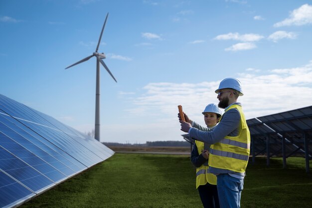 Engenheiros ambientais de tiro médio trabalhando juntos